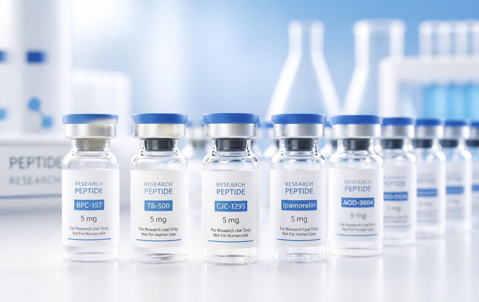 Row of research peptide vials with gold caps